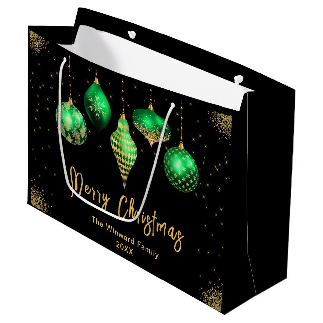 Elegant Gold and Green Ornament Christmas Large Gift Bag (Front Angled)