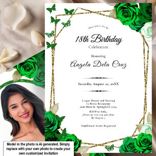 Elegant Gold and Green Rose 18th Birthday Debut Invitation