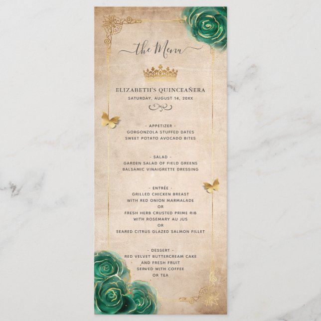Elegant Gold and Green Roses Watercolor Floral Menu (Front)