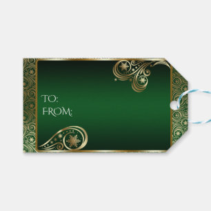 Elegant Gold and Green Snowflake Scrolls Gift Tags