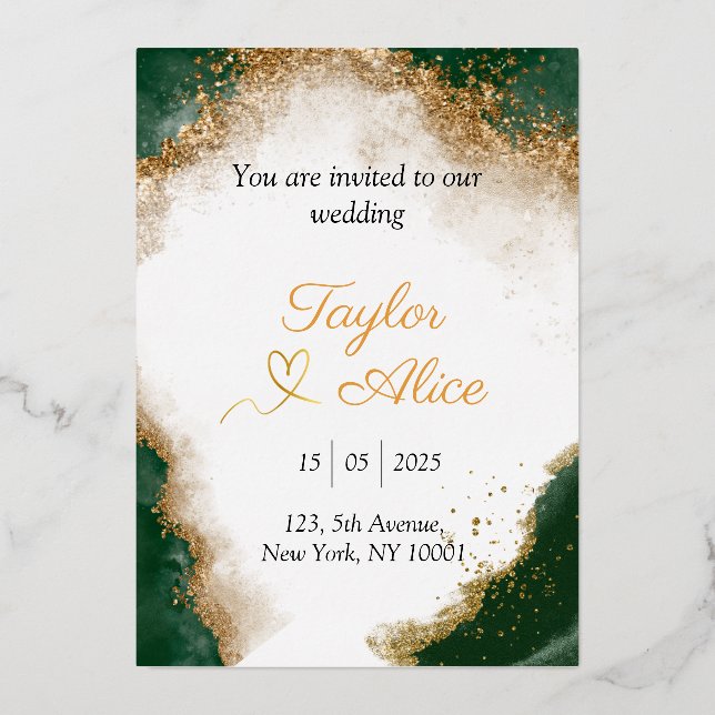 Elegant gold and green wedding invitation (Front)