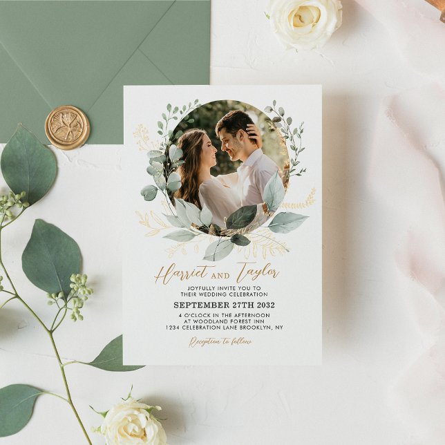 Elegant Gold and Greenery Eucalyptus Photo Wedding Invitation (Creator Uploaded)