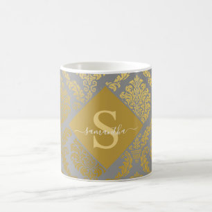 Elegant Gold and Grey Damask Personalised  Coffee Mug