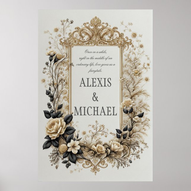 Elegant Gold and Grey Floral  Poster (Front)