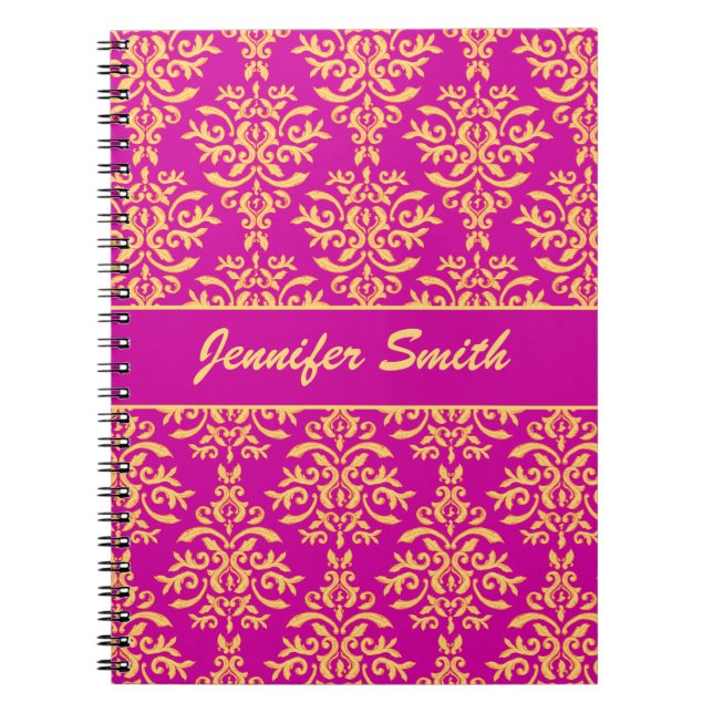 Elegant Gold and Hot Pink Magenta Damask Notebook (Front)