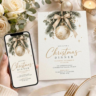 Elegant Gold and Ivory Ornament Christmas Dinner Invitation