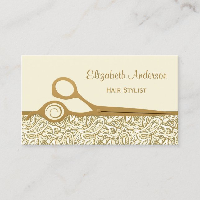 Elegant Gold and Ivory Paisley Hair Salon Business Card (Front)