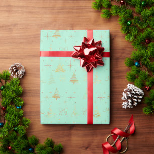 Elegant Gold and Mint Green Christmas Tree Doodles Wrapping Paper