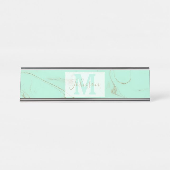 Elegant gold and mint marble image desk name plate (Front)