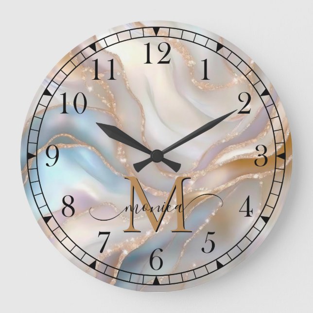 Elegant Gold and Nacre Monogram Name Personalized Large Clock (Front)