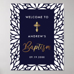 Elegant Gold And Navy Blue Boy Baptism Welcome Poster