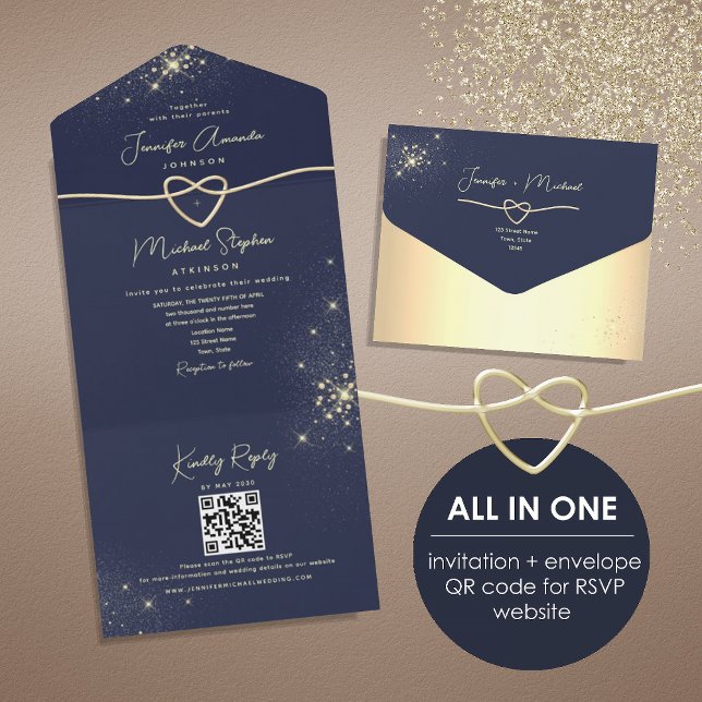 Elegant Gold and Navy Blue Wedding All In One Invitation (Creator Uploaded)