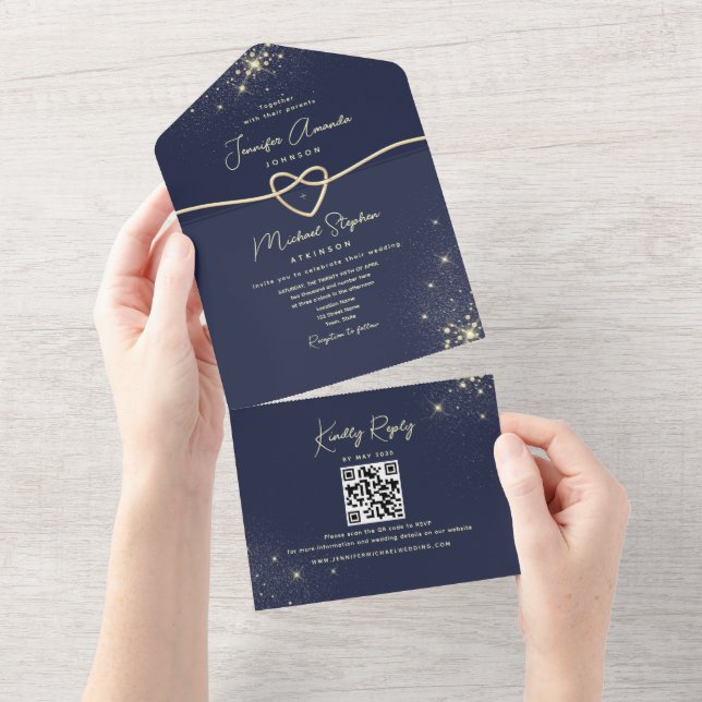 Elegant Gold and Navy Blue Wedding All In One Invitation (Tearaway)