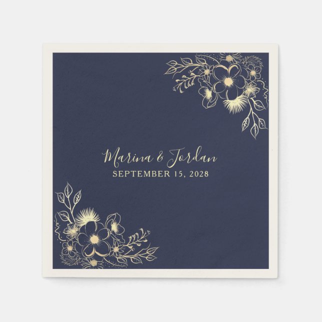 Elegant Gold and Navy Blue Wedding Napkins (Front)