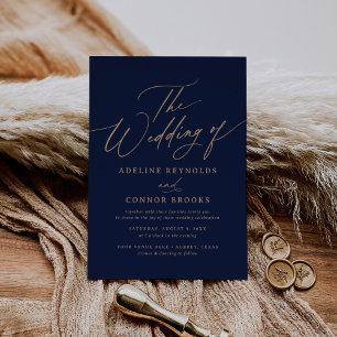Elegant Gold and Navy Calligraphy Wedding of Invitation