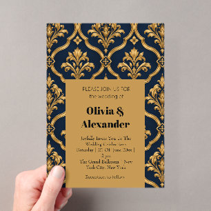 Elegant Gold and Navy Damask Vintage Motif Design Acrylic Invitations