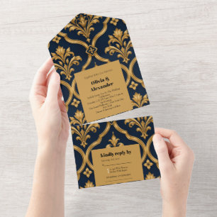Elegant Gold and Navy Damask Vintage Motif Design All In One Invitation