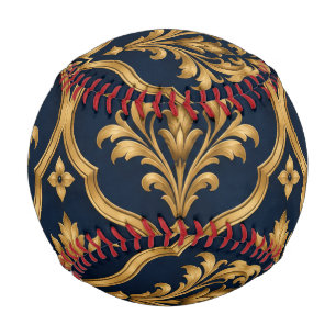 Elegant Gold and Navy Damask Vintage Motif Design Baseball