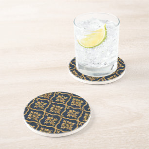 Elegant Gold and Navy Damask Vintage Motif Design Coaster