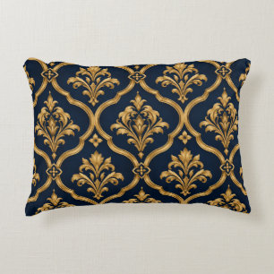 Elegant Gold and Navy Damask Vintage Motif Design Decorative Cushion
