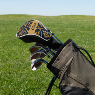 Elegant Gold and Navy Damask Vintage Motif Design Golf Head Cover