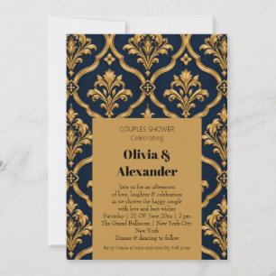 Elegant Gold and Navy Damask Vintage Motif Design Invitation