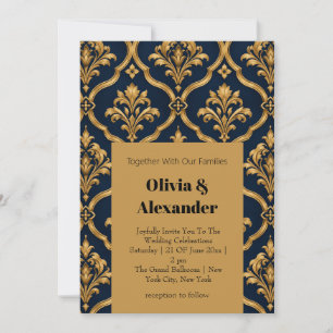Elegant Gold and Navy Damask Vintage Motif Design Invitation