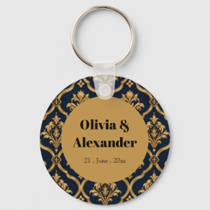 Elegant Gold and Navy Damask Vintage Motif Design Key Ring