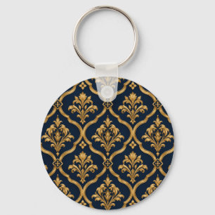 Elegant Gold and Navy Damask Vintage Motif Design Key Ring