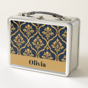 Elegant Gold and Navy Damask Vintage Motif Design Metal Lunch Box