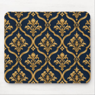 Elegant Gold and Navy Damask Vintage Motif Design Mouse Mat