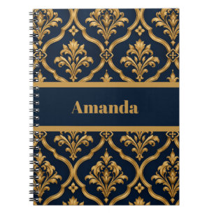 Elegant Gold and Navy Damask Vintage Motif Design Notebook