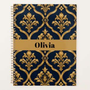 Elegant Gold and Navy Damask Vintage Motif Design Planner