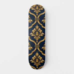 Elegant Gold and Navy Damask Vintage Motif Design Skateboard
