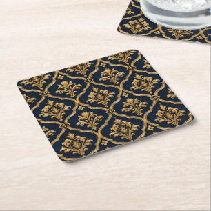 Elegant Gold and Navy Damask Vintage Motif Design Square Paper Coaster