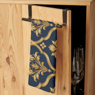 Elegant Gold and Navy Damask Vintage Motif Design Tea Towel