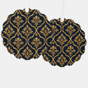 Elegant Gold and Navy Damask Vintage Motif Design Tree Decoration Card