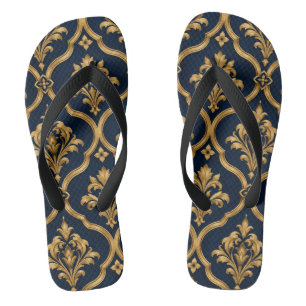 Elegant Gold and Navy Damask Vintage Motif Pattern Flip Flops