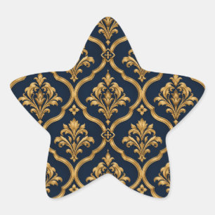 Elegant Gold and Navy Damask Vintage Motif Pattern Star Sticker