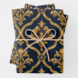 Elegant Gold and Navy Damask Vintage Motif Pattern Wrapping Paper Sheet