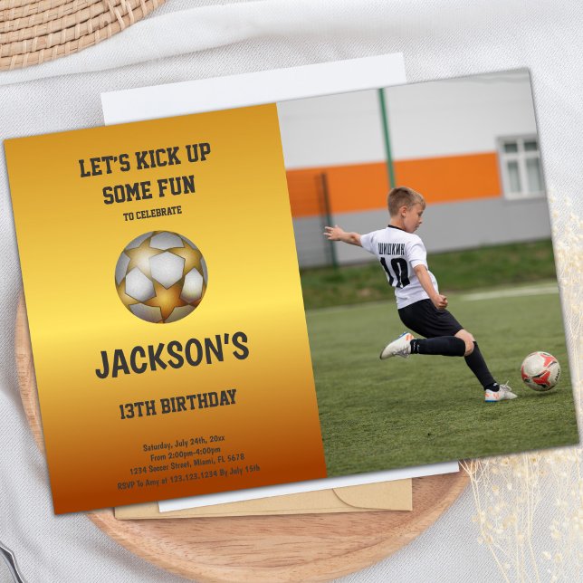 Elegant Gold and Orange Soccer Birthday Invitation (Gold Orange Soccer Birthday Invitations w photo)