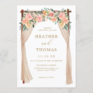 Elegant Gold and Peach Floral Arch Wedding Invitation