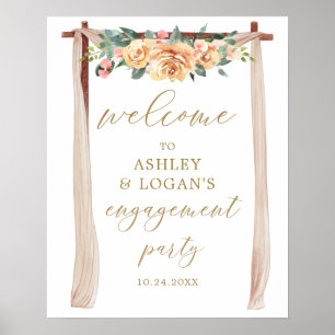 Elegant Gold and Peach Floral Engagement Party Poster