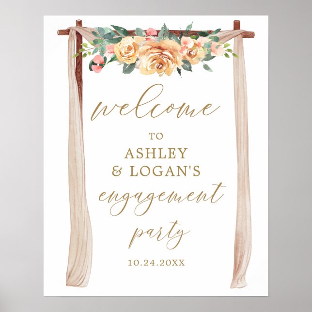 Elegant Gold and Peach Floral Engagement Party Poster (Front)
