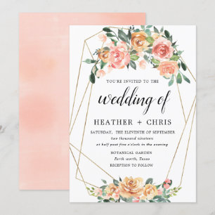 Elegant Gold and Peach Floral Wedding Invitation