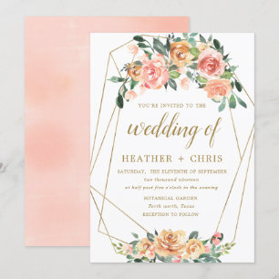 Elegant Gold and Peach Floral Wedding Invitation