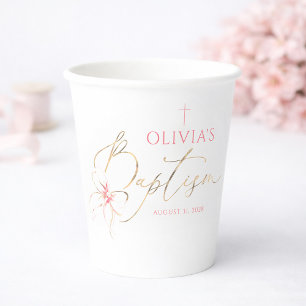 Elegant Gold and Pink Bow Girl Baptism Paper Cups