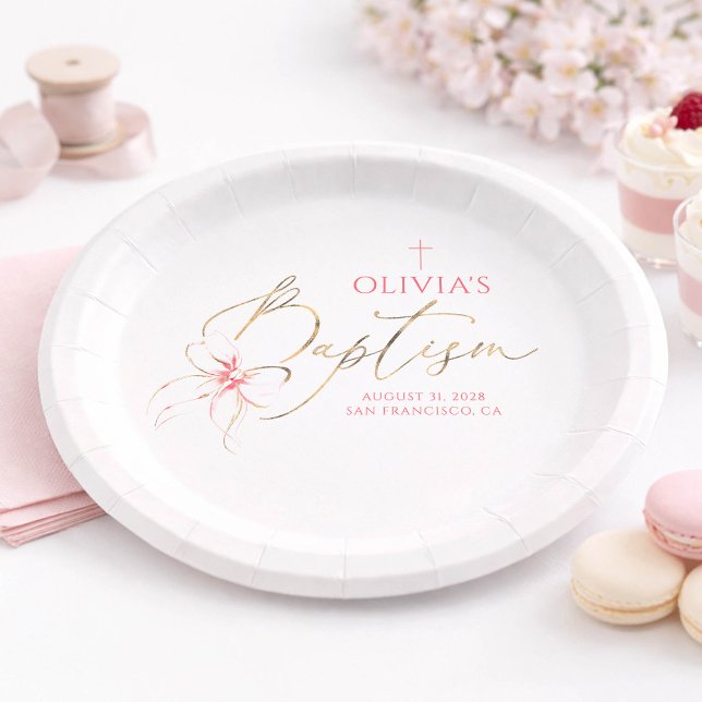 Elegant Gold and Pink Bow Girl Baptism Paper Plate (Pink Bow Baptism Plates)