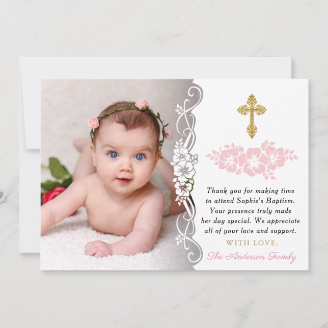 Elegant Gold And Pink Floral Baby Girl Baptism Thank You Card (Front)