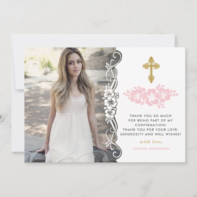 Elegant Gold And Pink Floral Girl Confirmation Thank You Card (Front)